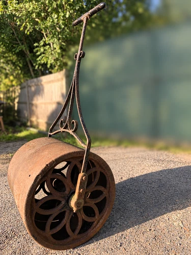 Antique Ornate Cast Iron Garden Lawn Roller, Counterbalanced