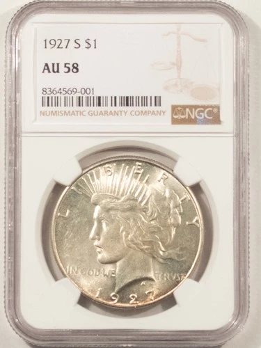 1927-S $1 PEACE DOLLAR - NGC AU-58, LOOKS UNC!