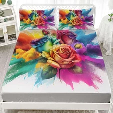 Rose Fitted Sheet Queen Size, Colorful Floral Print Bed Sheet Set,Colouful In...