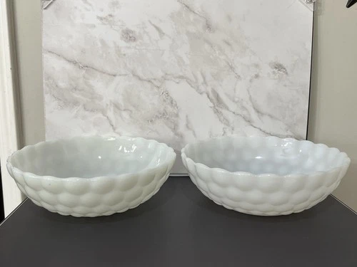 Anchor Hocking Vintage White Milk Glass Bubble Serving Bowls Set of 2