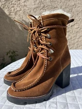 Polo Ralph Lauren Cognac Brown Schulyer Shearling Chunky Heel Ankle Boots Sz 8 B