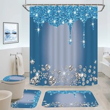 4 Pcs Glitter Diamond Shower Curtain Sets, Blue Shiny Drips Bath Decor