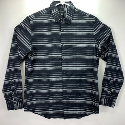 Alfani Mens Striped Subtle Chevron Classic Fit Button Down Shirt Black Gray M