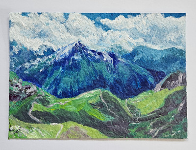 5x7 mountains French Alps acrylic abstract painting - paper blue green landscape