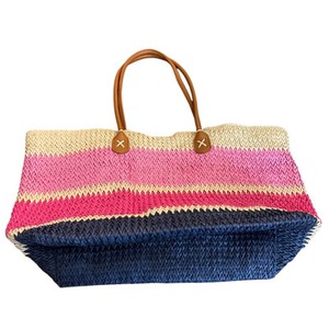 Shiraleah Chicago Straw Snap Closure Tote Bag Striped Pink Navy 15"l x 12"h