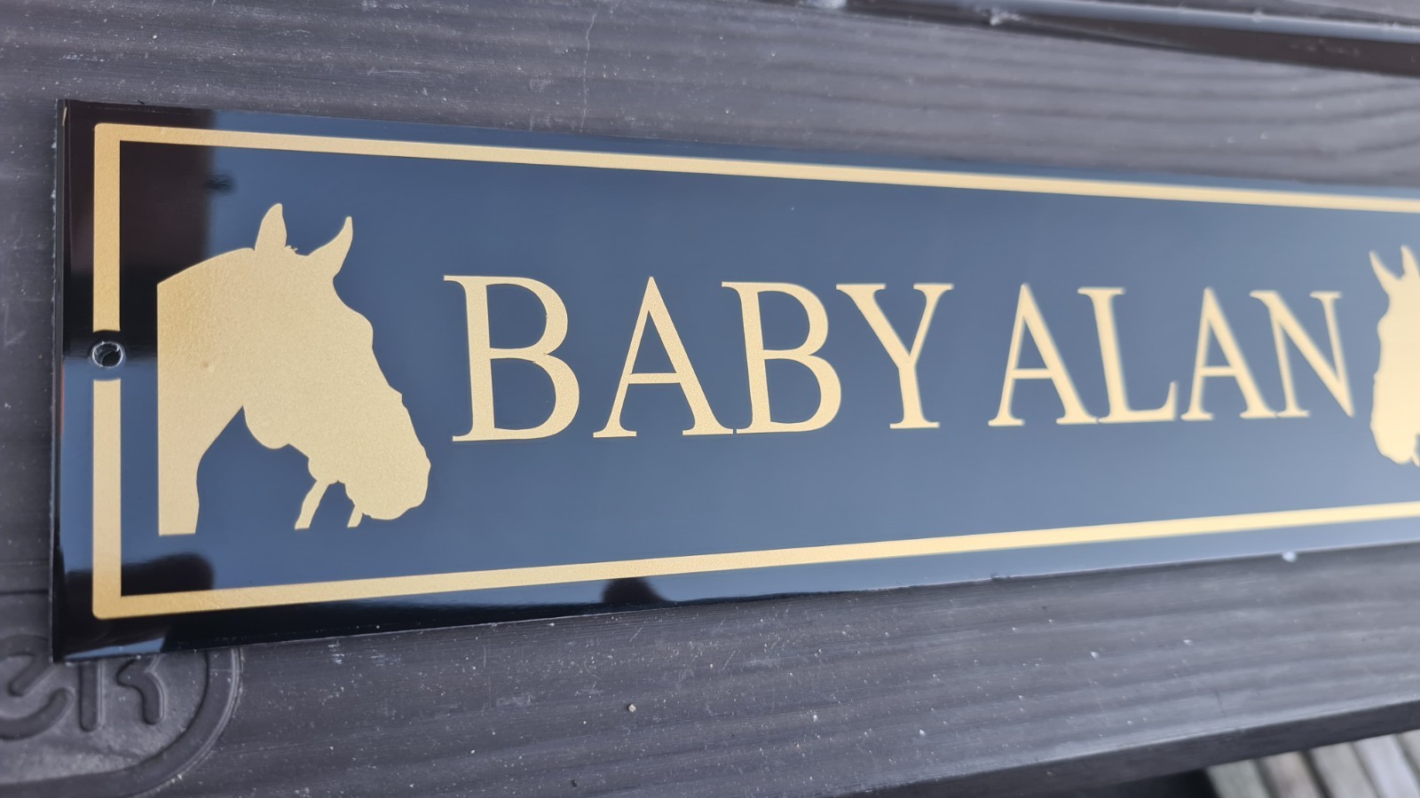 Gold and Gloss Black  Stable Door Horse Name Plate Plaque Sign .