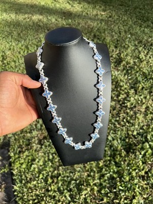 Flower 4 Leaf Clover Iced Out Premium Quality Chains  Silver Blue