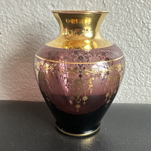 Vintage Ferro & Lazzarini Italian Murano Art Glass Vase - 5" tall - 24kt Gold