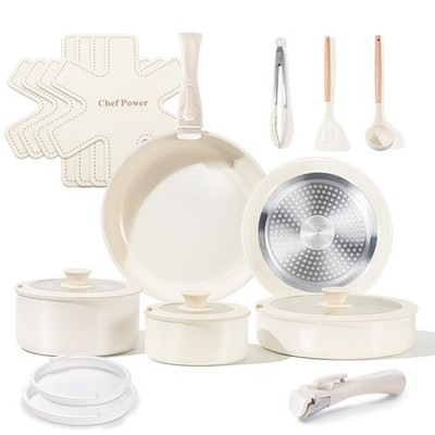 Ceramic Cookware Set Non Toxic Detachable Handles Nonstick Pans Pots 19 Pcs