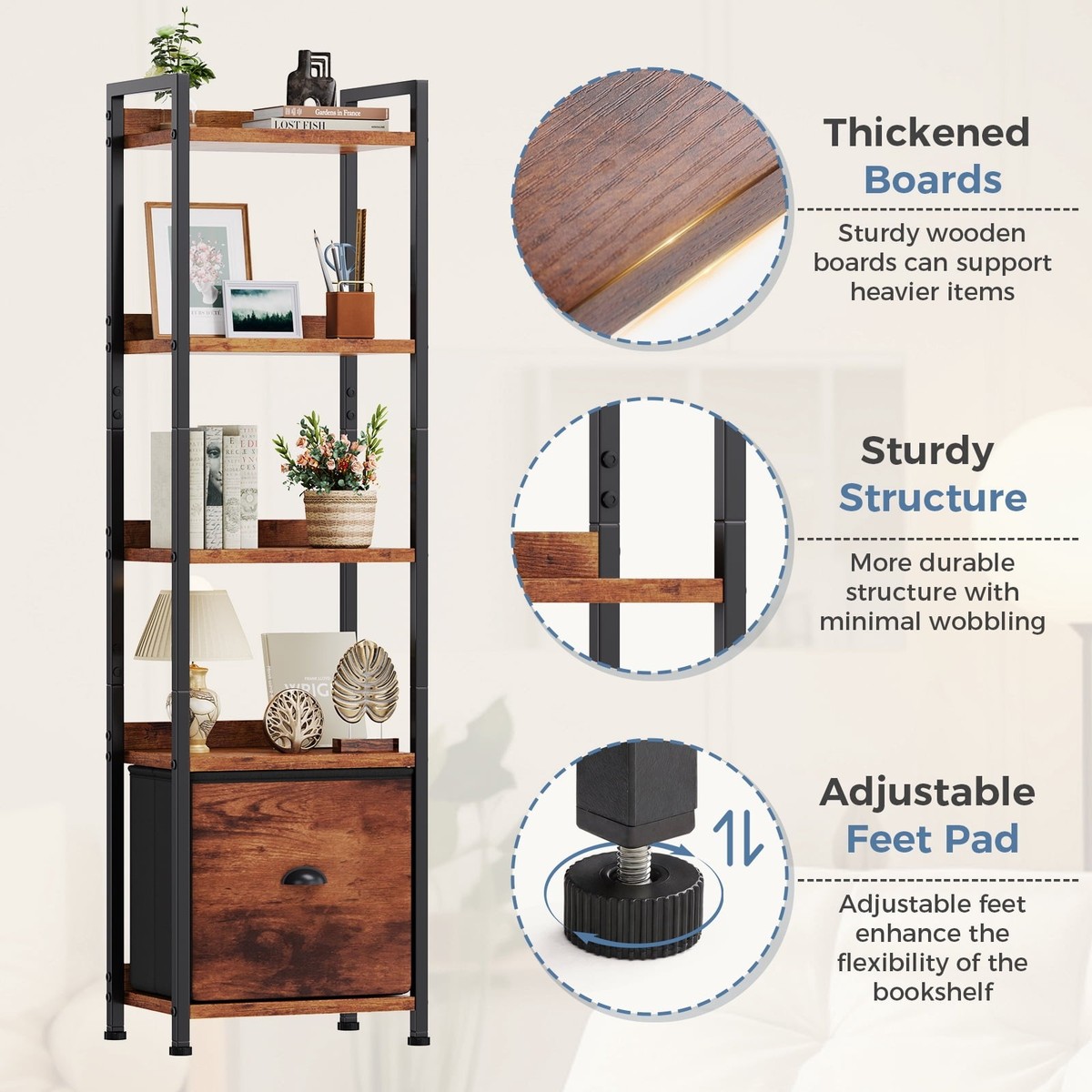 5 Tier Bookshelf W/ Drawer Tall Narrow Bookcase Storage Organizer