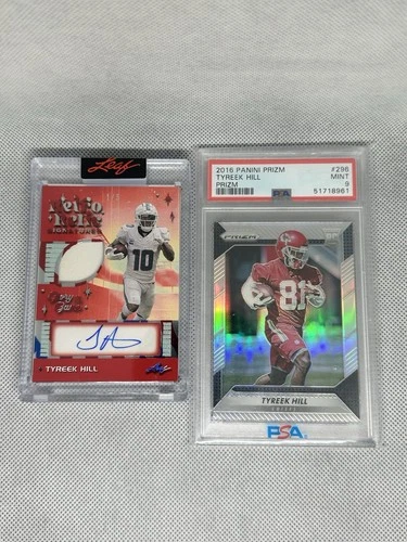 2016 Panini Prizm Tyreek Hill Rookie PSA 9 + 2025 Leaf AUTO, Game Used Patch /5