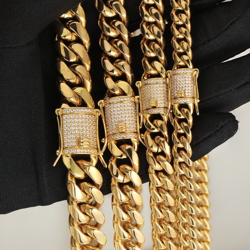 Miami Cuban Link Bracelet Chain Set 18k Gold Plated Stainless Steel Via CZ Clasp - Picture 7 of 10