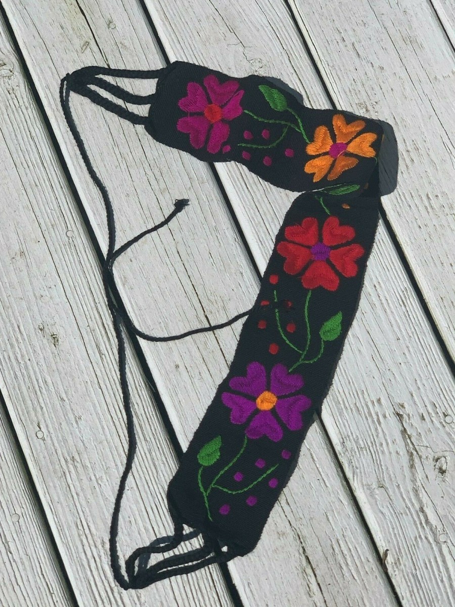 Faja Mexican Belt Embroidered Cotton Black Floral Chiapas 