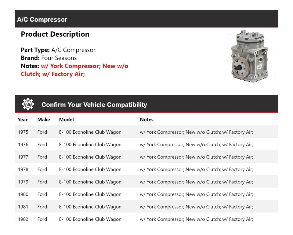Compresor de aire acondicionado para Ford E-100 Econoline Club Wagon 1975-1982 4 estaciones 1976 1977 Foto 2 de 4