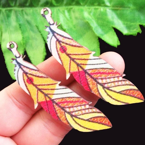 10Pcs 63x20x2mm Rainbow Wood Feather Pendant Bead FSM99683