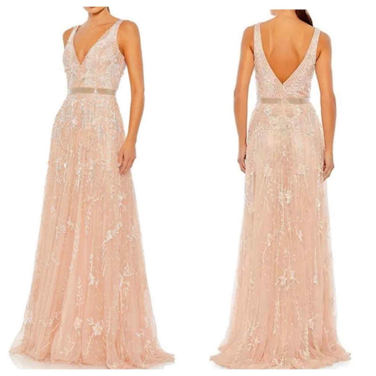 Mac Duggal Embellished Beaded Plunge Neck Long Tulle Gown Size 4 NWT