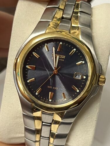Citizen Eco-Drive Watch Men 35mm Silver/Gold Tone E111-K15699 Tested & Working - Picture 2 of 9