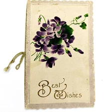 c1890s Fold Open String Bound Valentine's Day Greeting Card Best Wishes Poem C51