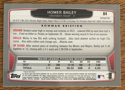2013 Bowman Chrome Xfractor Refractor HOMER BAILEY #84 Reds - Picture 2 of 2