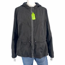 Zuda Hooded Modern Zip Up Jacket Medium Sz Black Casual Drawstring Waist UPF 50