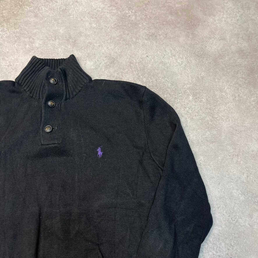 Polo Ralph Lauren Sweatshirt Mens Large Mock Neck Button Up Knit Jumper, Black image 2