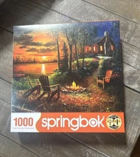 Springbok 1000 Piece Jigsaw Puzzle SUMMER SUNSET Cabin Lake Fire Vacay USA