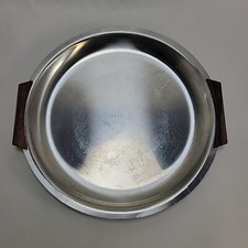 Vintage MCM Stainless Steel Danish Round Serving Tray Teak Handles 11"