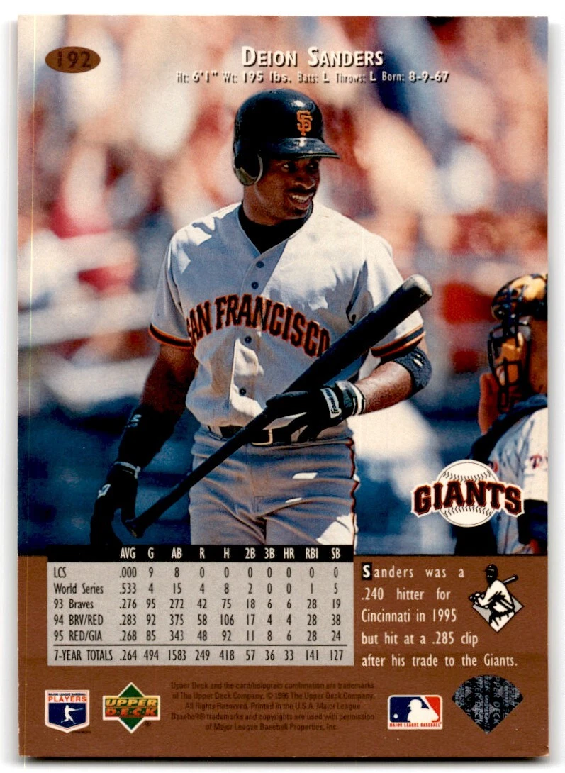 Baseball MLB 1996 Upper Deck #192 Deion Sanders #192 NM Giants : Collectibles & Fine Art
