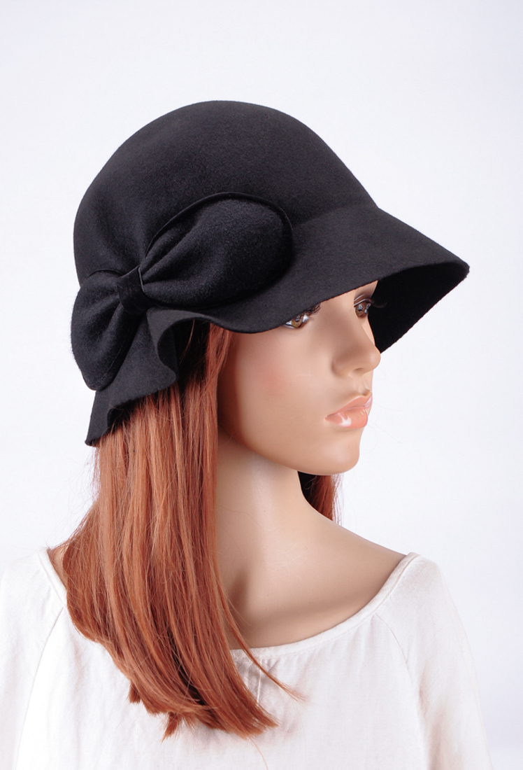   ブラック バケットハット M375 Black Wool Cashmere Pretty Bow Fedora Bucket Hat Cap For Coat