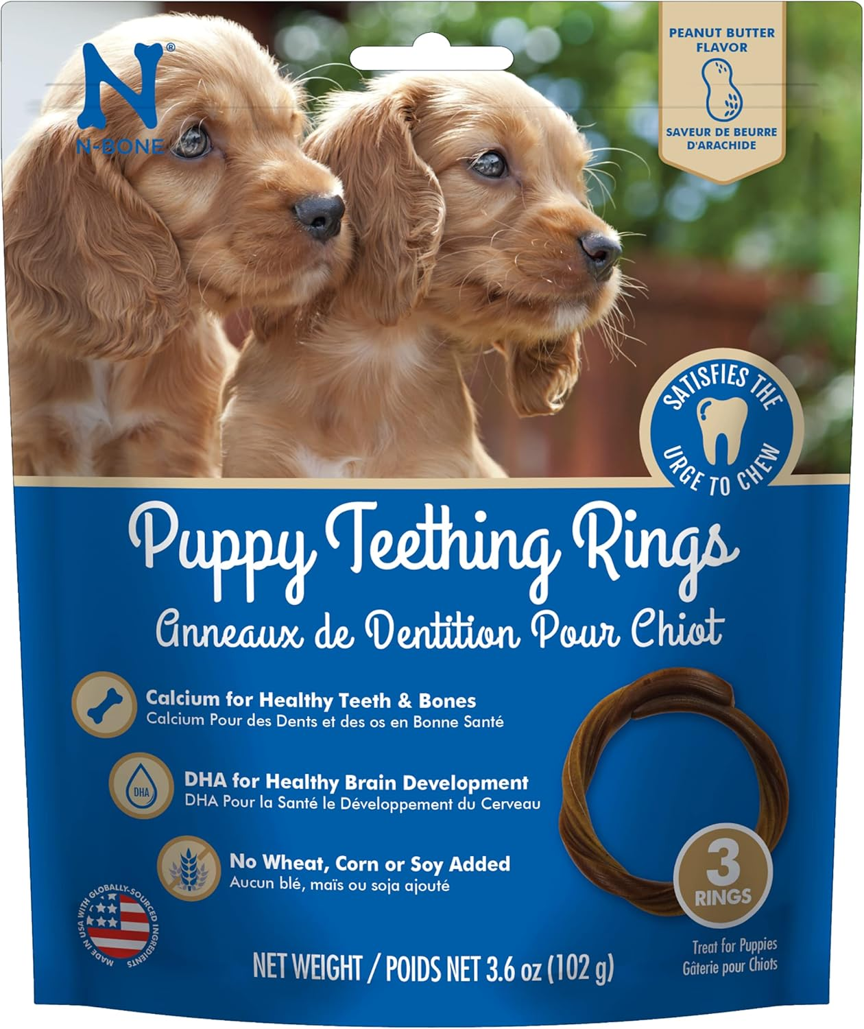 Puppy Teething Rings Peanut Butter Flavor Dog Treat, 3 Count Bag, 3.6-Oz