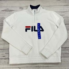Fila White Long Sleeve 1/4 Zip Pullover Sweatshirt Women Size L NEW