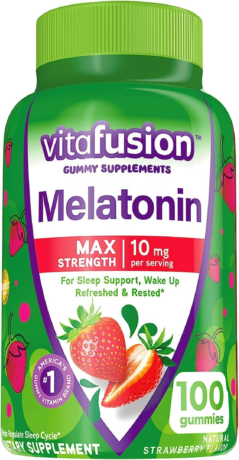 Vitafusion Max Strength Melatonin Gummy Supplements, Strawberry Flavored, 10 Mg