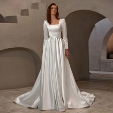 Square Neck Satin Wedding Dresses Buttons Long Sleeve Train A Line Bridal Gown s