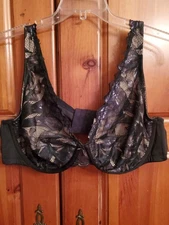cacique Bra 46C Unlined Full Coverage Black Lace Overlay On Beige