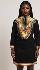 Handmade Dashiki Black Cotton Dress XXL African Ethnic Pattern Long Sleeve