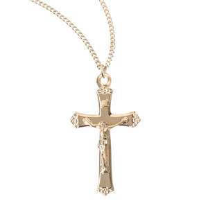 Authentic Gold Plated Sterling Silver Crucifix Flower Flare Tips Medal Necklace 18" Chain
