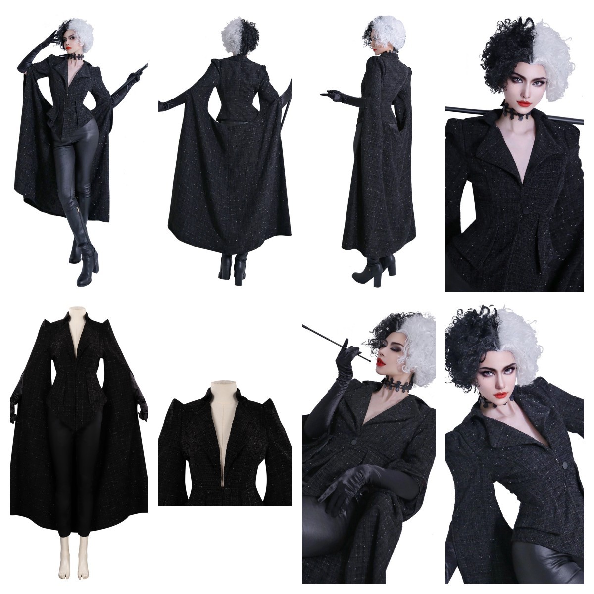 Cruella Kostüm Set Für Damen – Inkl. Perücke Schwarz/weiß, Handschuhe, Maske, Halskette & Zigarettenspitze