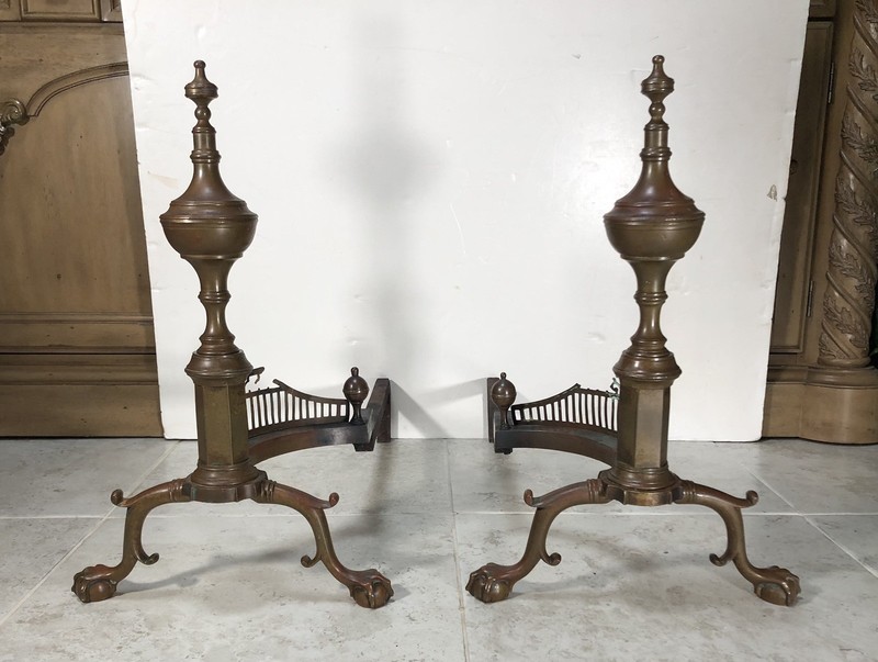 18th-19th Century ￼Federal Solid Brass Chippendale Andirons Ball & Claw Feet Urn