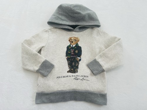 Polo Ralph Lauren Kids Boys Polo Bear Fleece Ivory/Gray Hoodie Sweatshirt Sz 4T
