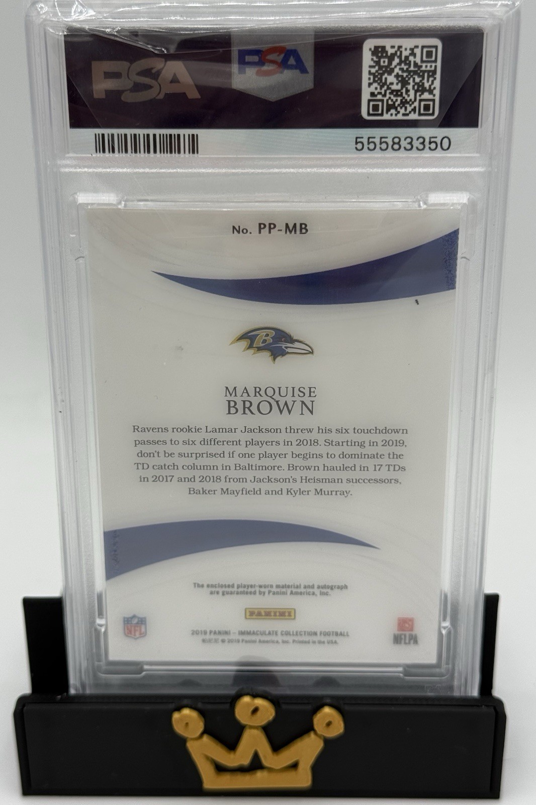 Marquise Brown 2019 Panini Immaculate Premium Patch Rookie Auto /99 PSA 9 view 3
