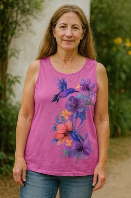 White Stag Women s Plus XXL 2X (20) Pink Sleeveless Tank Top Hummingbird Floral