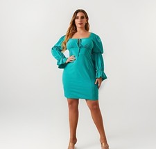 Turquoise Blue Gathered Sleeve Flounce Cuff Tie Neck Dress Size 1XL 16- 18