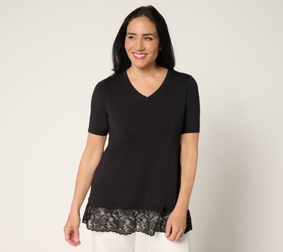 LOGO by Lori Goldstein Layers Elbow Sleeve Lace Hem Top Black S New