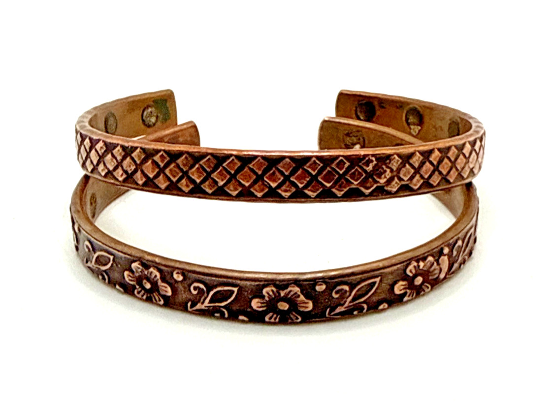 Solid Copper Cuff Bracelets Diamond and Floral Em… - image 3