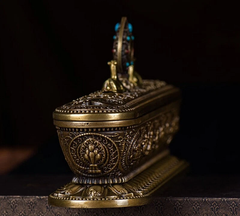 Tibetan Buddhism Brass Incense Burner Stick Holder Box Luck Zen Decor - Image 4 of 4