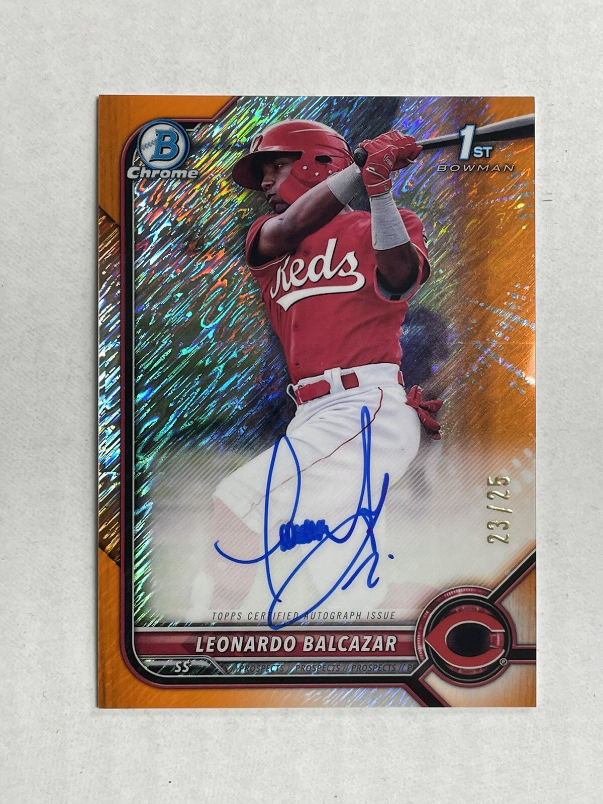 2022 Bowman Chrome Leonardo Balcazar Orange Shimmer Refractor 1st Auto Card #/25
