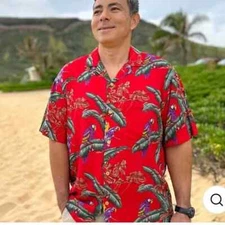 Paradise Found Vintage Men's Hawaiian Shirt Tropical Parrots Floral Red 2XL