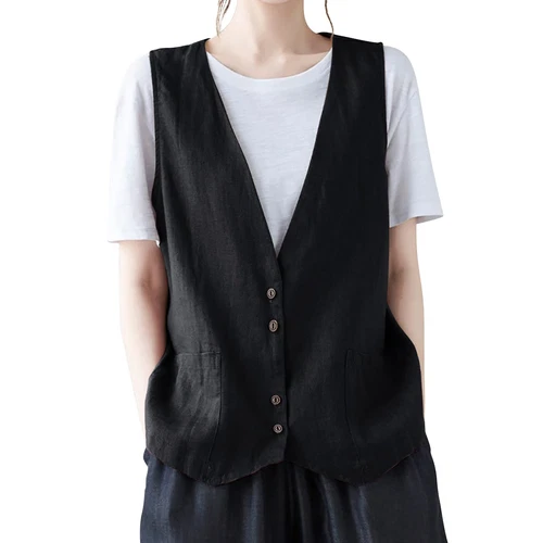 Mujeres Algodón Lino Sin Mangas Chaleco Abrigo Damas Botones Chaleco Informal Camiseta sin Mangas - Imagen 15 de 45