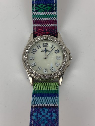 Geneva Women's Colorful Striped Band Rhinestones Fashion Watch New Battery - Picture 2 of 5