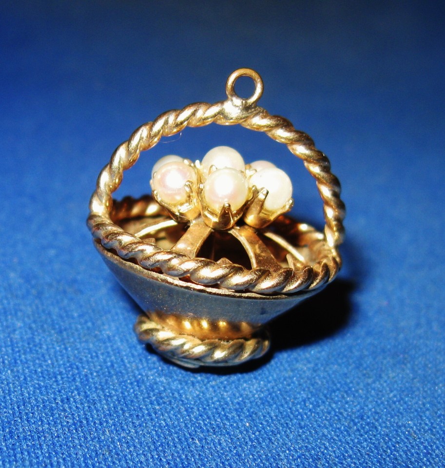 VINTAGE 1/20 12K GOLD FILLED BASKET CHARM WITH SEED PEARLS H WITHIN